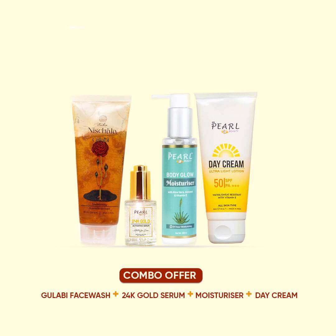 ARM Pearl Indoor Kit Combo Nischalla Gulabi Facewash, 24K Gold Serum,Body Moisturizer,   Sunscreen With SPF50