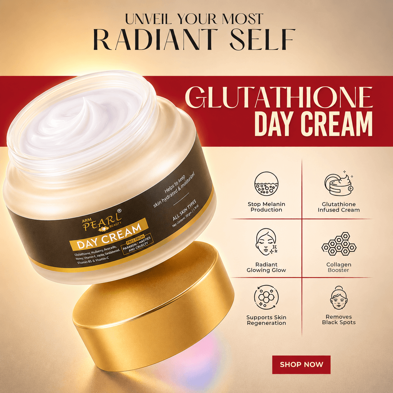Glutathione day cream for radiant skin